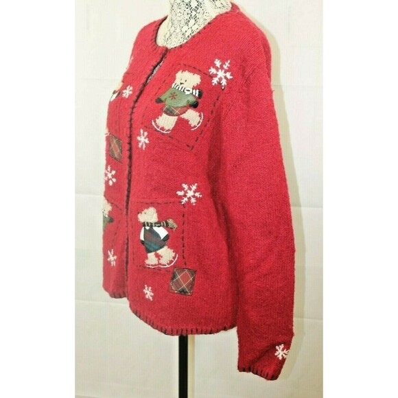Christmas Cardigan Croft & Barrow Red Holiday Sweater Button Front Bears Size M - Picture 4 of 6